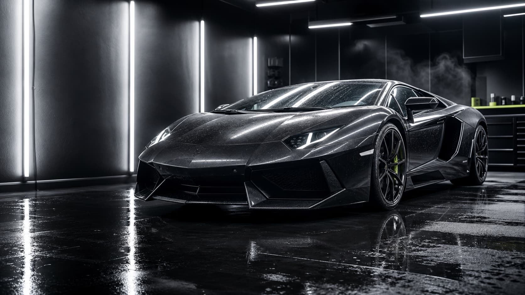 Black supercar under inspection lighting before paint correction