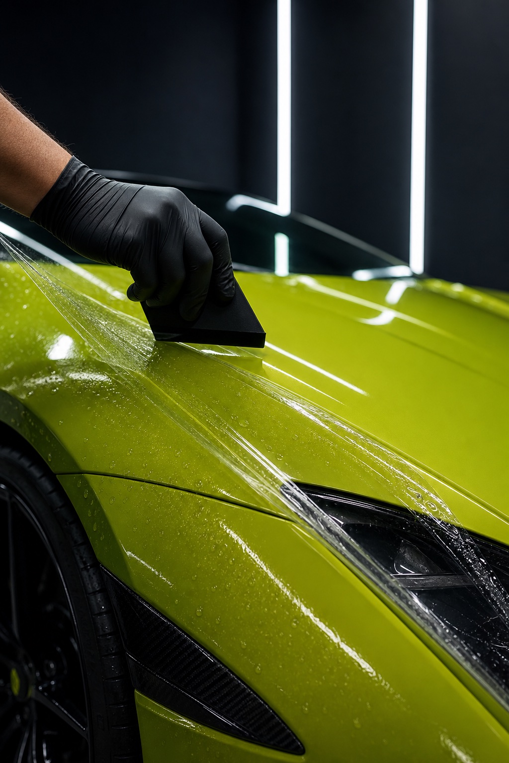 Paint protection film being installed on an exotic vehicle